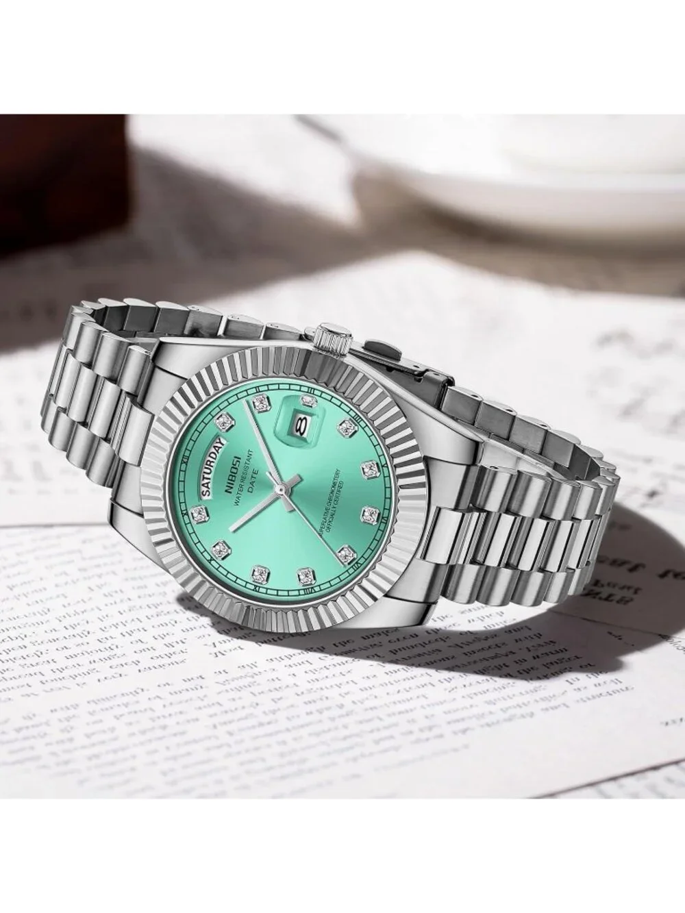 Nibosi Men's Silver Cyan Analog Quartz Stainless Dimond Waterproof Desiger Watch